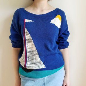 Vintage Knit Sailboat Sweater 80s 90s Top Med Landscape Blue Sailboat Sun Cloud